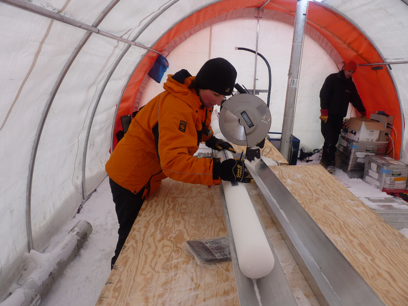 Lead study author Liz Thomas taking a measurement of an ice core.